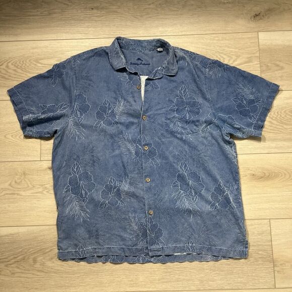 Tommy Bahama Shirt Mens Sz XXL Shark Blue Silk Floral Print Jacquard Hawaiian - Picture 1 of 3